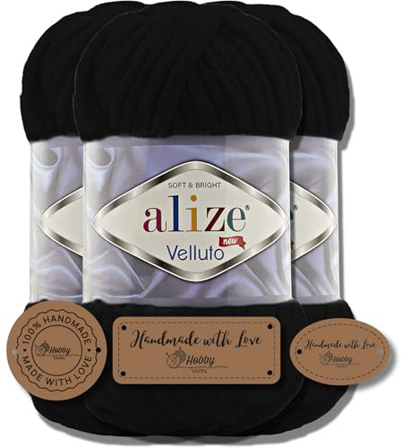 Hobby YARN 3x Etikettenlabel mit Alize Velluto Wolle Premium 3x100g als Set, Chenille Dicke Wolle zum Häkeln Uni Farbe Bulky Amigurumi Baby Kuschelwolle Filzwolle (Black - 60)