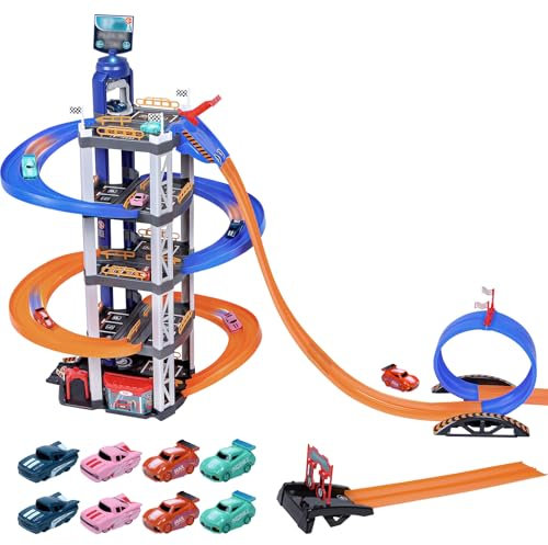 Charmofun 5 Plantas Garaje Coches Niños, Gran Parking Coches Juguete con 8 Autos, Ascensor, Rampa Doble, Luz Y Sonido, Regalos para Niños 3 4 5 6 7 8 Años