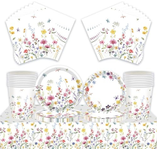 69Pcs Spring Summer Theme Floral Party Tableware Set,Wildflowers Birthday 7inch 9inch Plates and Napkins Cups Table Cloth Sets for Garden Party, Afternoon Tea, Baby Shower, Wedding,Birthday Decor