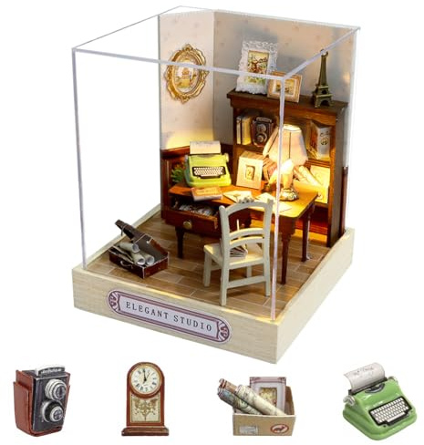 CUTE-Eyfud Handgefertigtes DIY Puppenhaus Miniatur Kit - Holzpuppenhaus mit Möbeln, Staubschutz, LED Licht und detaillierter Anleitung für Erwachsene und Jugendliche (ELEGANT Studio)
