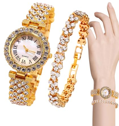 Generico Montres en or rose | Montres occasionnelles en strass pour femmes, outil de synchronisation pratique pour appartements, dortoir, bureaux, maison, voyage d'affaires, Gold Watch+bracelet,