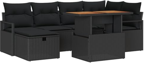 vidaXL Garten-Sofa-Set 7 pcs Schwarz Poly-Rattan, Garten- und Terrassenmöbel, modernes rechteckiges Sofa-Set, Fester synthetischer Korb für Sommerlounge