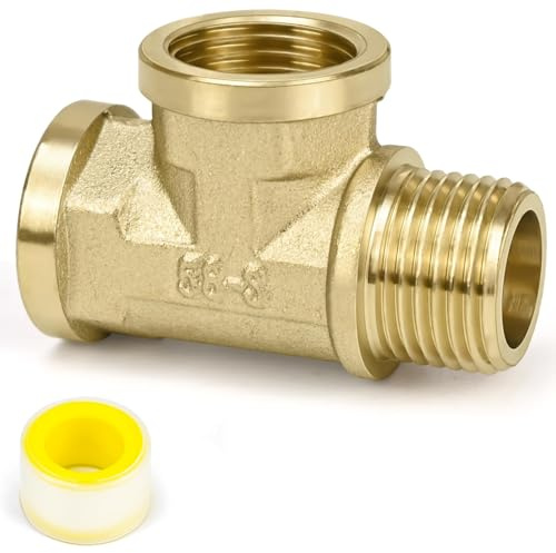 FLEXNOVA T Stück 1/2 Zoll, Messing T-stück 1/2 Zoll T Stück Adapter Wasseranschluss mit 2m Gewindedichtband 90° Duschschlauch Adapter für Trinkwasser Wasserhahn AGxIGxIG (Ø 20mm)