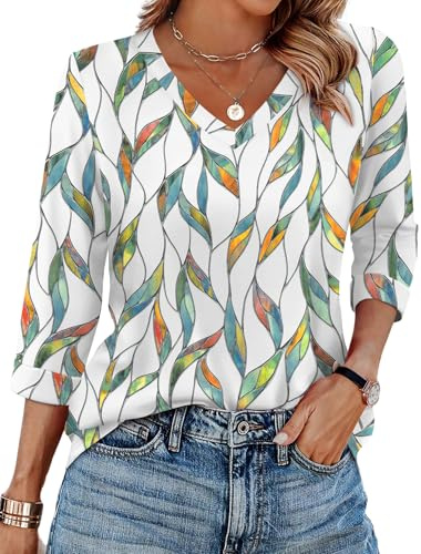 WIHOLL Tops for Women 3/4 Length Sleeve V Neck Casual Tunic Ladies Tops Basic Shirts Loose Fit Blouse Colorful Leaf Size 14-16
