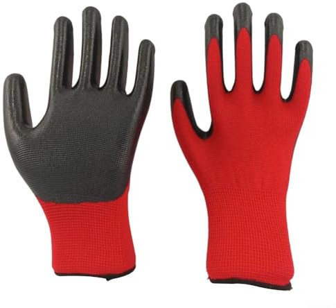 Guantes de revestimiento de nitrilo 12 piezas para construcción y jardinería con excelente transpirabilidad (rojo)