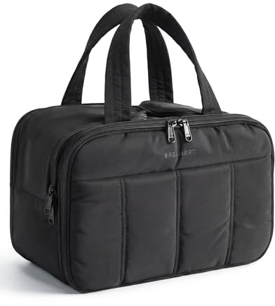 bagsmart Travel Toiletry Bag for Women, Extra Large Makeup Wash Bag, Black | 2 Full Open Upright Compartments for Cosmetics & Toiletries, Puffy Vanity Case, Ideal Women Travel Makeup Essentials Bag