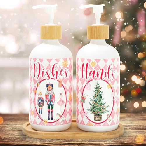 FYSUIMU 2 Pcs Christmas Soap Dispenser Glass Soap Dispenser with Pump Pink Xmas Tree Nutcracker Refillable Liquid Container for Hands Dishes Party Home Kitchen Bathroom Decor