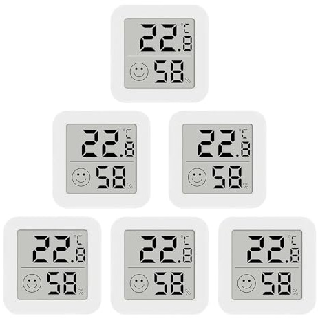 6 Stück Digitales Mini Thermo-Hygrometer, Präzision Thermometer innen Raumthermometer Temperatur und Luftfeuchtigkeitmessgerät mit Smiley-Indikator für Raumklima in Wohnung, Büro & Schlafzimmer(Weiß)
