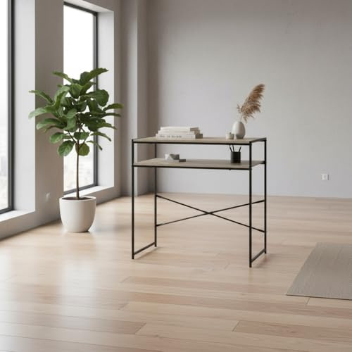 MOBLEKIT | Mesa Auxiliar Metal y Madera Negra 77x40x75 cm, Escritorio con Estante Superior, Mesa Rectangular Funcional para Oficina, Salón o Dormitorio, Mueble Estable y Versátil para Hogar Moderno