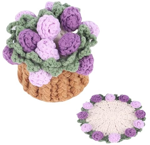 Richaa Crochet Purple Rose Flower Bouquet Coaster with Mini Basket, Handmade Knitted Boho Floral Coasters, Romantic Gift for Mother's Day Birthday Home Decor Valentine's Day Anniversary