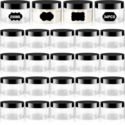 34er Set Döschen 250ml– Große Kunststoff Tiegel mit schwarzem Deckel