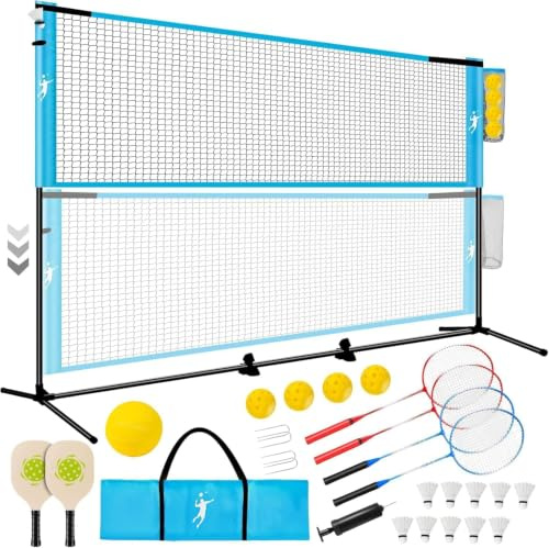 Badminton Netz, Garten Volleyball Netz , Pickleball Netz Set Höhenverstellbar, Tragbares Set für Tennis, Fußball mit Volleyball & Pickleball Schlägern & Badminton Schlägern, Indoor Outdoor Spiele
