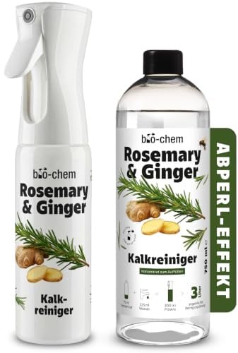 bio-chem Kalkreiniger Konzentrat Rosemary & Ginger mit Flowra Refill | Duftsprühflasche mit 750ml Refill | für Dusche, Armaturen, Fliesen & Wasserflecken