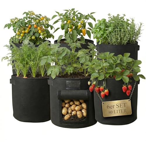 Onbest Pflanzsack Set 6x30L mit Erntefenster und Griffen | Waschbare Pflanzsäcke als Kartoffel-Pflanzsack, Tomatentopf und Pflanztasche für Balkon, Garten und Terrasse