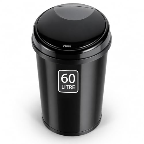 60 Litre Touch Bin with Push Lid – Large Plastic Kitchen Waste Bin – Heavy Duty Indoor Rubbish Bin for Home, Office, School & Commercial Use – Black