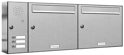 AL Briefkastensysteme 2er Briefkastenanlage mit Klingel, V2A Edelstahl, Premium Doppel-Briefkasten DIN A4, 2 Fach Postkasten modern Aufputz