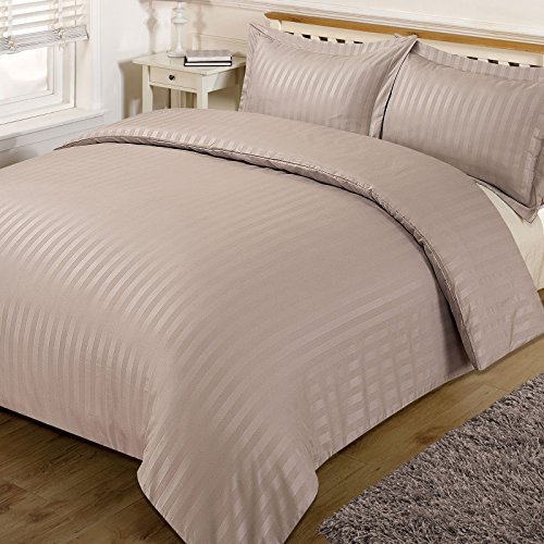 AR Textile 5 Star Hotel Quality 100% Egyptian Cotton Satin Stripe Duvet Cover Set With Pillowcases in White & Cream Colour (King, Beige/Latte)