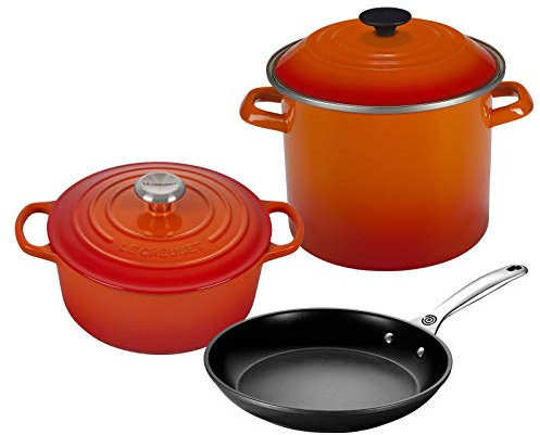 Le Crueset 5-Piece Oven and Stovetop Cookware Bundle with 4-1/2 QT Round Dutch Oven, Le Creuset 8 QT Covered Stockpot, and Le Creuset 10 Toughened Nonstick Pro Fry Pan - Flame