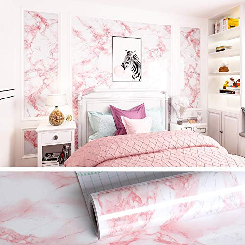 VEELIKE Papier Peint Marbre Rose 60cm ×900cm Papier Adhesif Pour Meuble Papier Autocollant Meuble Cuisine Papier Peint Adhesif Mural Salon Papier Vinyle Adhesif Imperméable Salle de Bain Chambre Deco