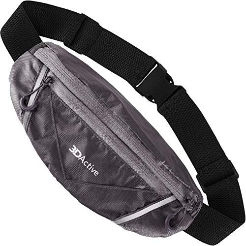 3DActive Running Belt Pro Hüfttasche, wasserabweisend, Laufgürtel, Workout-Bauchtasche, ultraleicht, verstellbar, reflektierende Lauftasche für Training, iPhone, Android und Zubehör, grau,