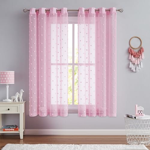 Beauoop Tenda da finestra in voile, in chiffon, ricamata, con pompon per finestra per bambini, elegante trattamento per soggiorno, camera da letto, cameretta delle ragazze, 137.2 x 137.2 cm, rosa