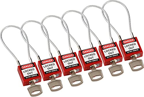 Brady Candado de Cable Compacto Paquete de 6 - Bloqueo de Seguridad Lockout Tagout - Candado de Seguridad - Llaves Diferentes - 32mm x 35mm x 16mm - Longitud del Cable 200mm, Rojo