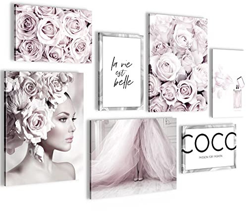 Novart Wandbilder Coco Fashion - KOMPLETT AUFHÄNGFERTIG - Grau Rosa Wohnzimmer Mädchen Teenager - 7 Moderne Mood-Bilder - N000771a
