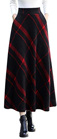 Damen Lange Rock Elegant Wollrock Winterrock Warm Plaid Casual Party Maxirock Hohe Taille A-Linie röcke Retro Elastische Taille Faltenrock 12 -L