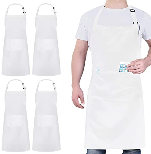 atopo 4 Stück Köche Schürze, Schürze für Männer Frauen, Wasserdichte Küchenschürze mit 2 Taschen, Verstellbarem Nackenband Schürzen für Küche Kochen Backen Garten BBQ (Weiß)
