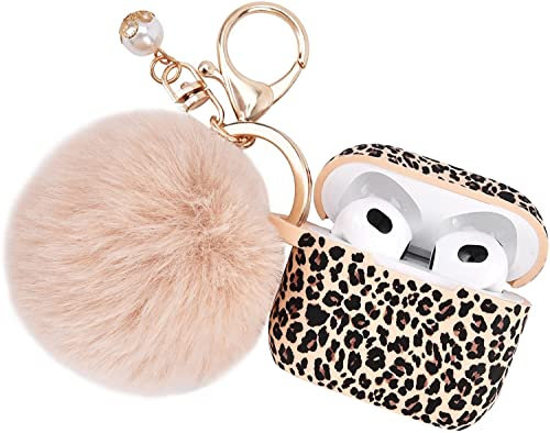PERSONALLY YOURZ AirPod 3 Case Designer Airpods 3rd Generation Case with Fluffy Pompom【Support Wireless Charging】Offer maximum Protection Light Weight Premium Grade Silicone Case (LEOPARD PRINT)