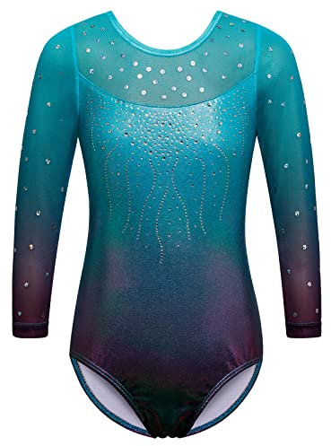 ZNYUNE Gymnastikanzug für Mädchen, langärmelig, ärmellos, bunt, glitzernd, athletischer Ballett-Tanzanzug für Kinder von 3–12 Jahren, B269, blaue Blume, 5 A