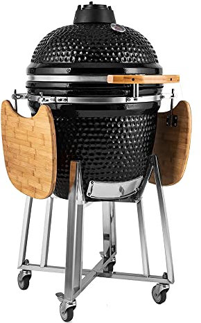 Premium Charcoal Grill BBQ Outdoor Barbecue Grill with Cart and Side Shelves,Kamado XL Ceramic Charcoal BBQ for Cookin& Baking (21.6 inch ?55 cm),Black)