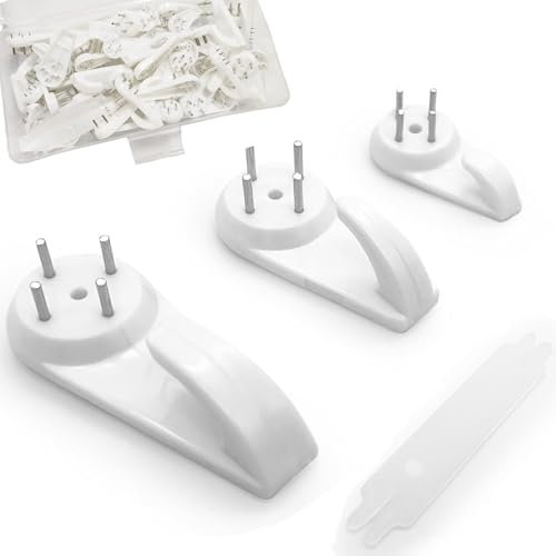60Pcs Picture Hooks, Non-Trace Picture Hanging Kit for Hard Wall Drywall, Picture Hanging Hooks Assorted Frame Fixing White Picture Hanger Set
