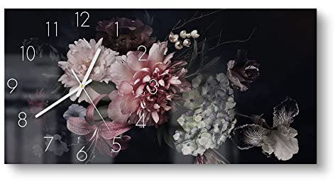 DEQORI Glasuhr | vertikal 60x30 cm | Motiv Blühende Pracht | große XXL Design Uhr aus Glas | leise Wanduhr für Wohnzimmer & Küche | moderne Hingucker Uhr für die Wand