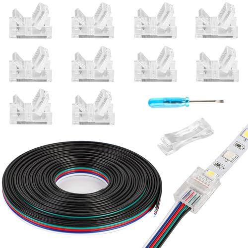 HOMELYLIFE 5 Pin 10mm RGBW LED Strip Connectors Solderless 10 Pcs with 16.4ft Extension Cable 5 Conductor for Waterproof or Non-Waterproof 10mm Wide RGBW LED Strip Lights