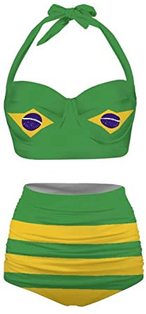Belidome Brazil Flag Bikini Sets for Women Sexy Push Up High Cut Halter Tops with Bottoms Swimsuit Beachwear Bathing Suit