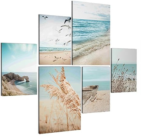 REVOLIO Leinwandbilder Set - Wanddeko Wohnzimmer & Schlafzimmer - 6 Wandbilder Set Aufhängfertig - Bilderset Größen 30x45 und 40x60 - Leinwand Bilder Set - Boote Meer Ozean Düne Pampasgras Natur