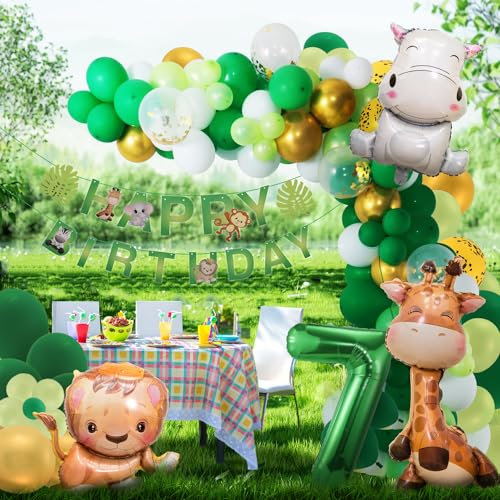 Dschungel Geburtstag Dekoration 7 jahr,Safari Geburtstagsdeko Ballons,Grüne Waldtiere Luftballon Tiere Deko 7. Geburtstag Junge Mädchen,Wild One Geburtstag Deko Party