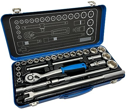 Kraftwelle 1/2 Zoll Ratschenkasten 26 teiliger Steckschlüsselsatz Werkzeugkoffer Nusskasten mit Ratsche 72 Zähne, Stecknusssatz 8-36mm, Gelenkhebel 430 mm, feinverzahnt