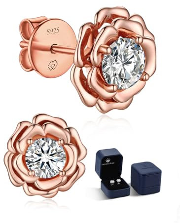 MomentWish Ohrringe Rosegold, 1 Karat Moissanite Diamant Ohrstecker Silber 925 Blumen Nickelfrei Damen Ohrringe Rose Valentinstag Liebes Jahrestag Geschenk für sie mit Geschenkbox-5mm
