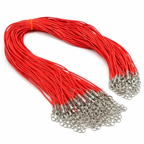 Perlin Wachsband Halsband Rot 46 cm 30 Stueck Baumwolle Karabiner | Fuer Amulette Charms Kristalle Steinanhaenger Kurse Marktware Geschenksets und Reparatur