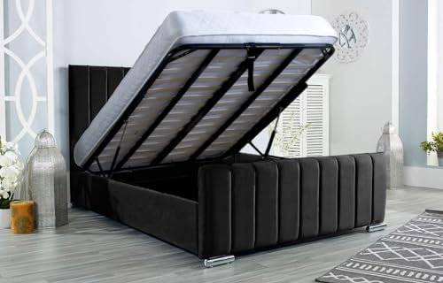 AuGold Upholstered Panel Line Ottoman Double Bed Frame with Storage, 4FT6 Platform with Headboard & Footboard – Black Plush