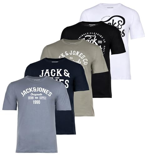 JACK&JONES Herren T-Shirt, 5er Pack - JJLEOGRA Tee Crew Neck, Kurzarm, Rundhals, Baumwolle, Logo-Print