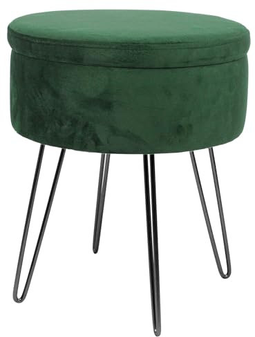 Harbour Housewares Velvet Round Foot Stool with Storage - Green with Black Legs - Modern Dressing Table Pouffe Footstool Vanity Seats Vanity Chairs Footstools for Living Room, Bedroom