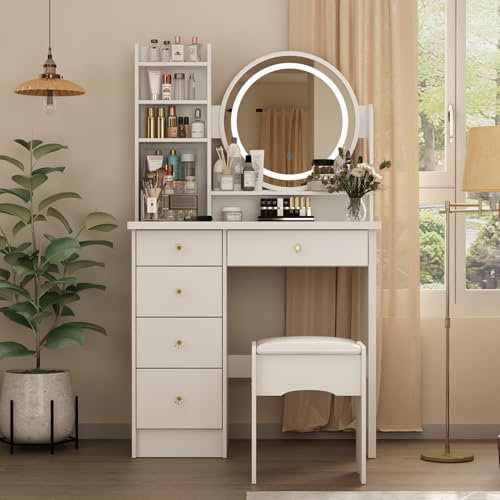PREMTURE Dressing Table & Stool Set with 3 Colours LED Lights Mirror, 80W x 40D x 135H cm Makeup Table with Ottoman & 5 Drawers, Large Storage Space Vanity Desk for Bedroom Furniture (White/LED)