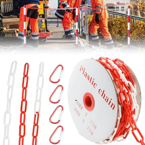 Erzekrim Absperrkette Rot Weiß Kunststoffkette Warnkette Plastikkette 6 mm Stärke Kunststoff Warnkette Kommt mit 4 Karabinern für Baustelle,Parkplatz,Warteschlangen,Kunststoffkette,(25 m, rot weiß)