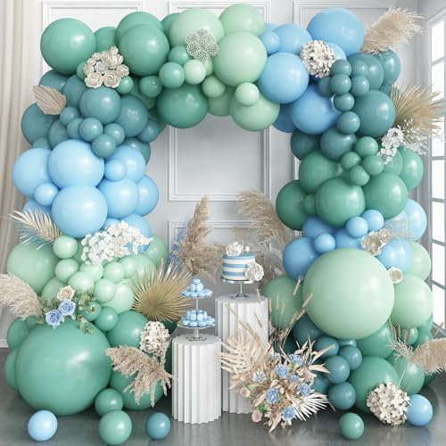 Dusty Green and Blue Balloon Arch Kit, 116pc Slate Light Blue Sage Green Balloons Garland, Pastel Olive Baby Balloon for Boys Girls Birthday Wedding Baby Bridal Shower Party Decorations