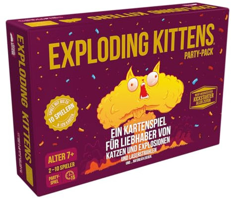Exploding Kittens, Exploding Kittens – Party-Pack (Auflage 2024), Grundspiel + Erweiterung, Partyspiel, Kartenspiel, 2-10 Spieler, Ab 7+ Jahren, 15 Minuten, Deutsch