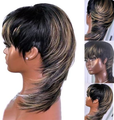 Women Pixie Cut Wig 10 inch swallowtail wolf tail Wig human hair full machine made wig Heat-resistant glue-free wig With Bangs Daily Party Cosplay Use