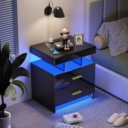 HaodaCulture Table de Chevet LED, Table de Nuit LED à 2 tiroirs Haute Brillance, 2 Prises CA, 2 Ports USB, 16 Couleurs RVB, Chevet de Lit Armoires de d'appoint pour Chambre à Coucher 50x40x58cm